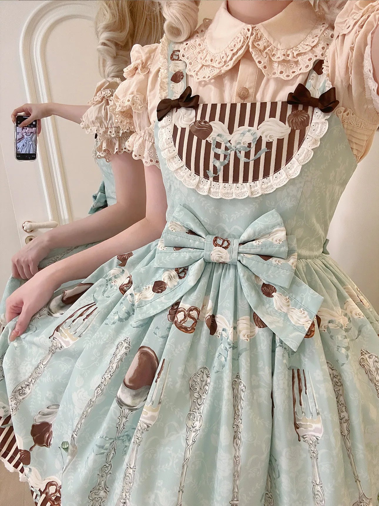 Full Payment Pre-order Dessert Off-center Waist JSK Original Thin Mint Print Lolita Design Dress - Day Rabbit