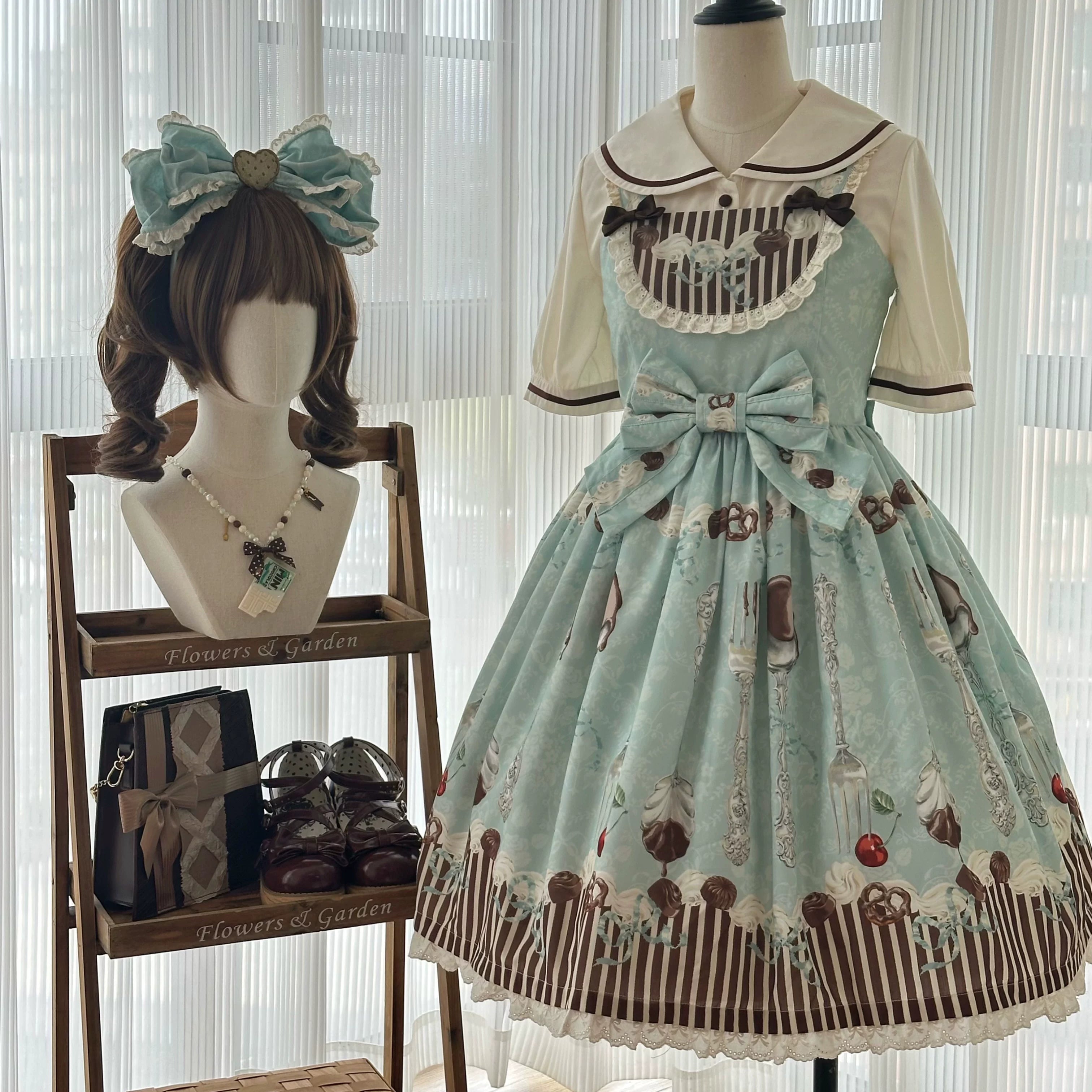 Full Payment Pre-order Dessert Off-center Waist JSK Original Thin Mint Print Lolita Design Dress - Day Rabbit