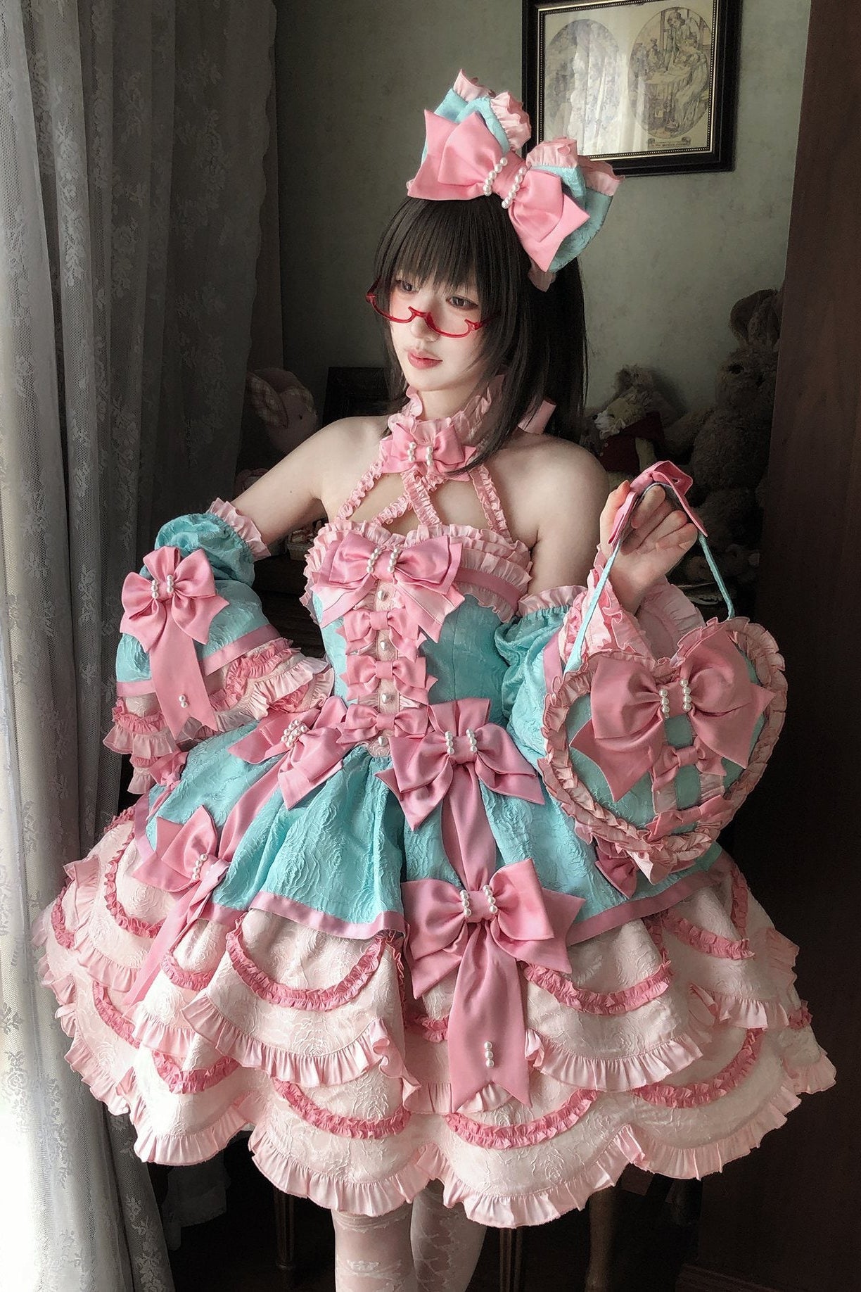 Sweet Petal Lolita Sweetheart Halter Pink & Green Dress - LolitaEraPink & Green DressXSSweet Petal Lolita Sweetheart Halter Pink & Green Dress