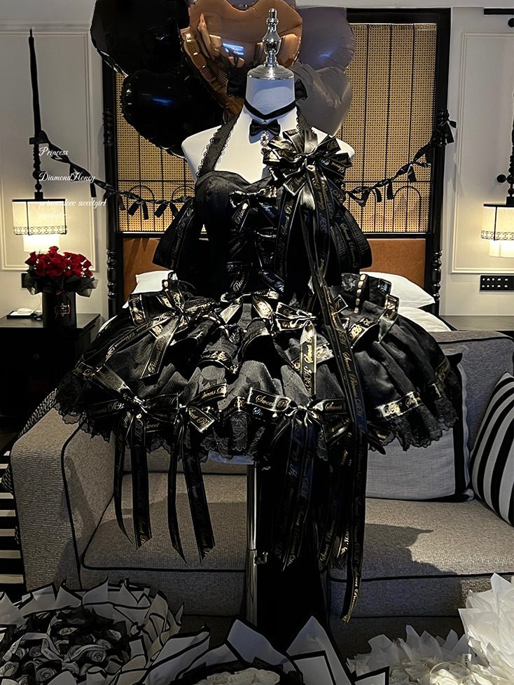 Sweet Pink Luxurious Satin Princess Black Dress - LolitaEraBlack DressSSweet Pink Luxurious Satin Princess Black Dress