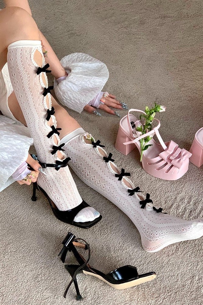 Sweet Retro Bow Accented Long Socks - LolitaEraWhiteSweet Retro Bow Accented Long Socks