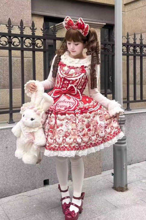 SweetLolita Strawberry Stripe Ribbon Dress 1224 - LolitaEraRed JSK+KC+Short - Sleeved InnerSSweetLolita Strawberry Stripe Ribbon Dress 1224