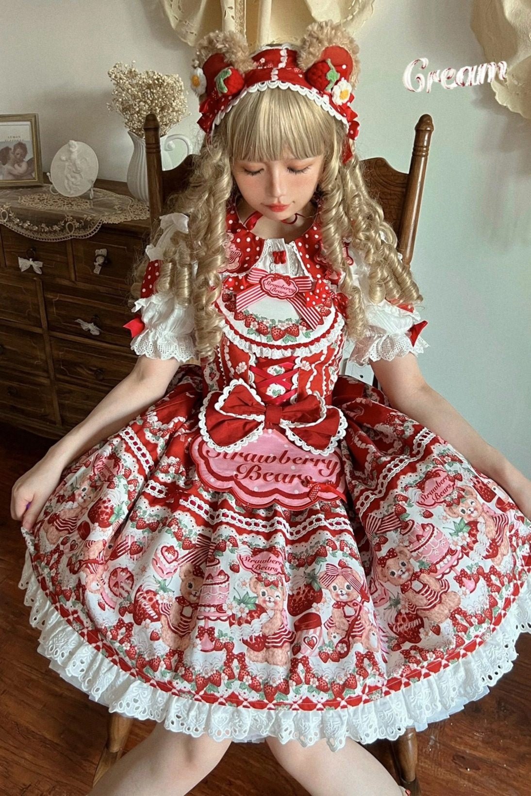 SweetLolita Strawberry Stripe Ribbon Dress 1224 - LolitaEraRed JSK+Hairband+Short - Sleeved InnerSSweetLolita Strawberry Stripe Ribbon Dress 1224
