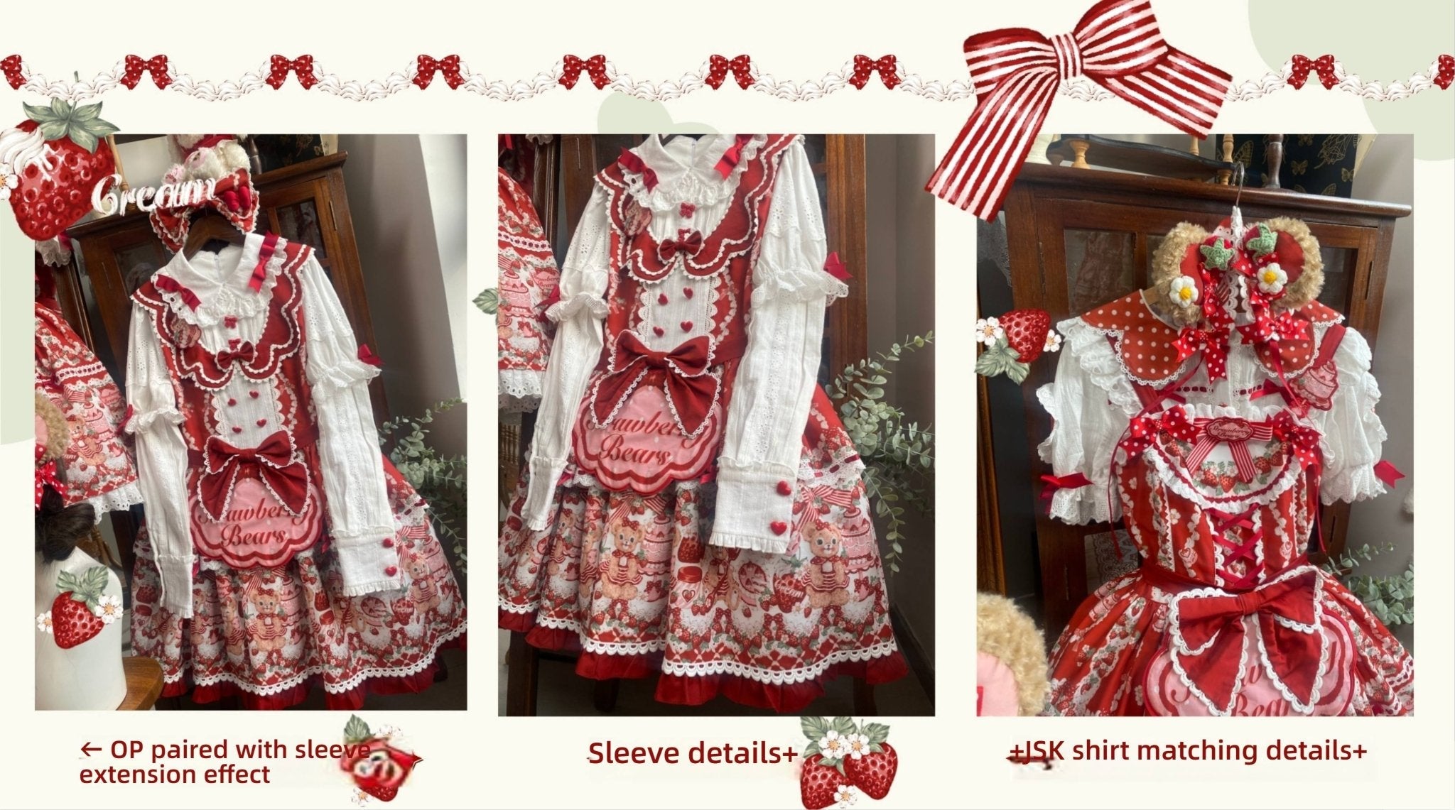SweetLolita Strawberry Stripe Ribbon Dress 1224 - LolitaEraRed JSK+Hairband+Short - Sleeved InnerSSweetLolita Strawberry Stripe Ribbon Dress 1224