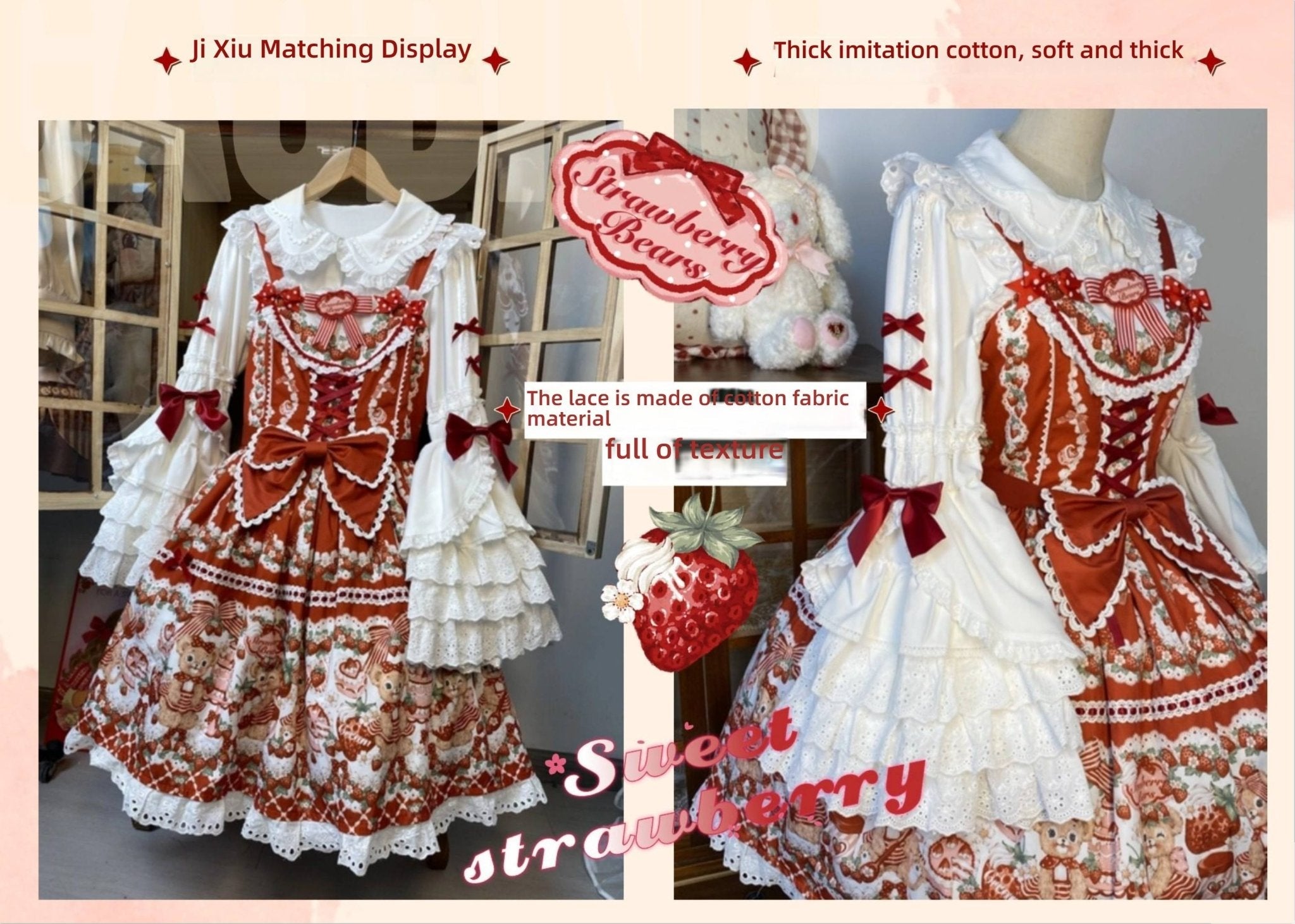 SweetLolita Strawberry Stripe Ribbon Dress 1224 - LolitaEraRed JSK+Hairband+Short - Sleeved InnerSSweetLolita Strawberry Stripe Ribbon Dress 1224