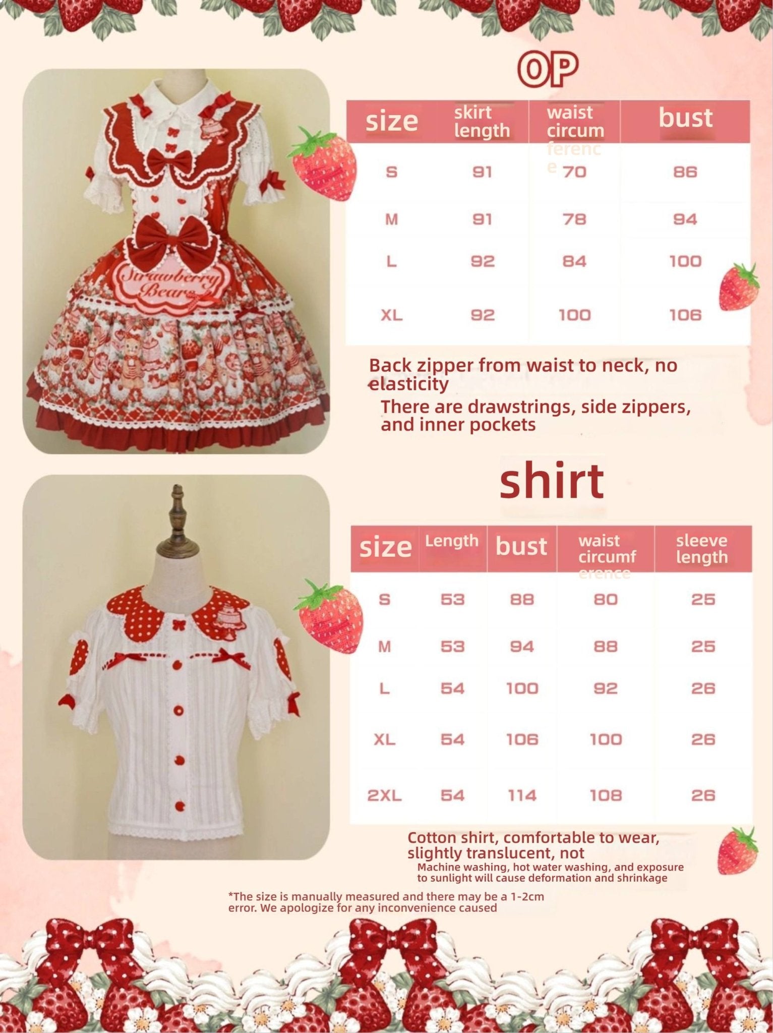 SweetLolita Strawberry Stripe Ribbon Dress 1224 - LolitaEraRed JSK+Hairband+Short - Sleeved InnerSSweetLolita Strawberry Stripe Ribbon Dress 1224