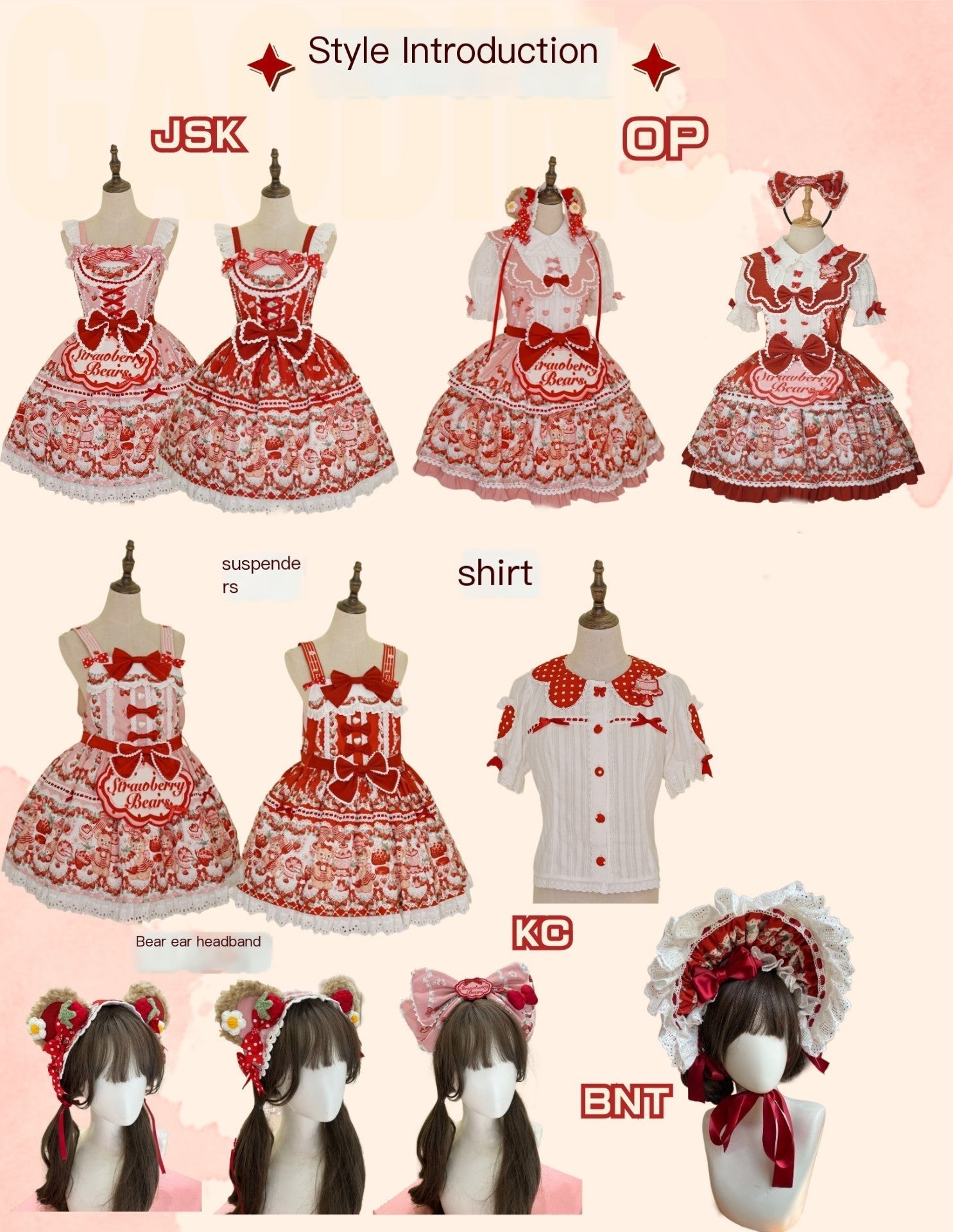 SweetLolita Strawberry Stripe Ribbon Dress 1224 - LolitaEraRed JSK+Hairband+Short - Sleeved InnerSSweetLolita Strawberry Stripe Ribbon Dress 1224