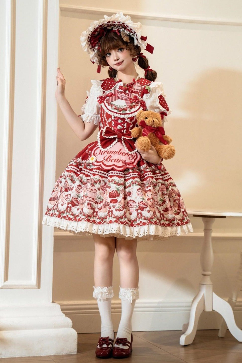 SweetLolita Strawberry Stripe Ribbon Dress 1224 - LolitaEraRed JSK+Hairband+Short - Sleeved InnerSSweetLolita Strawberry Stripe Ribbon Dress 1224