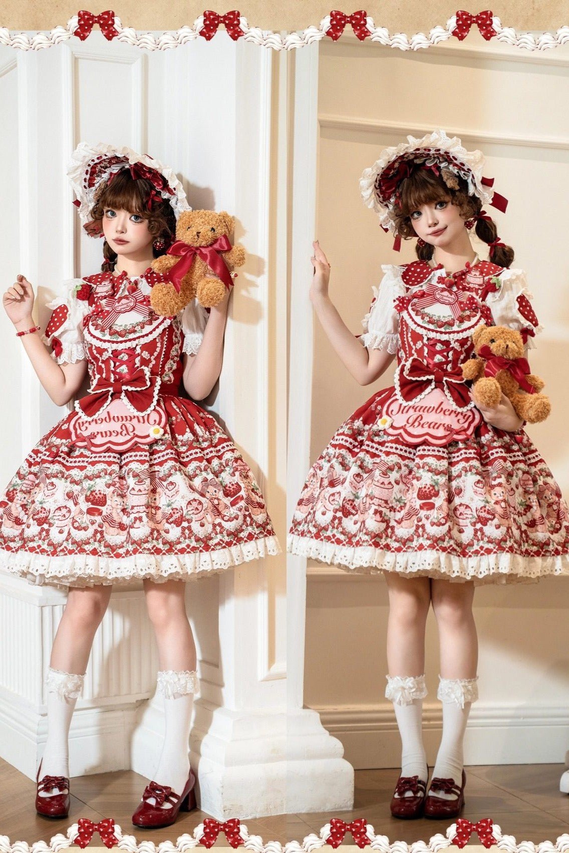 SweetLolita Strawberry Stripe Ribbon Dress 1224 - LolitaEraRed JSK+Hairband+Short - Sleeved InnerSSweetLolita Strawberry Stripe Ribbon Dress 1224