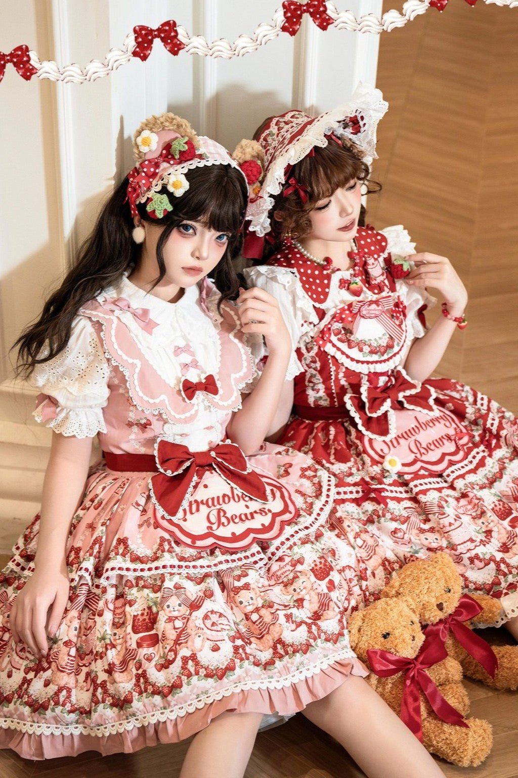 SweetLolita Strawberry Stripe Ribbon Dress 1224 - LolitaEraRed JSK+Hairband+Short - Sleeved InnerSSweetLolita Strawberry Stripe Ribbon Dress 1224