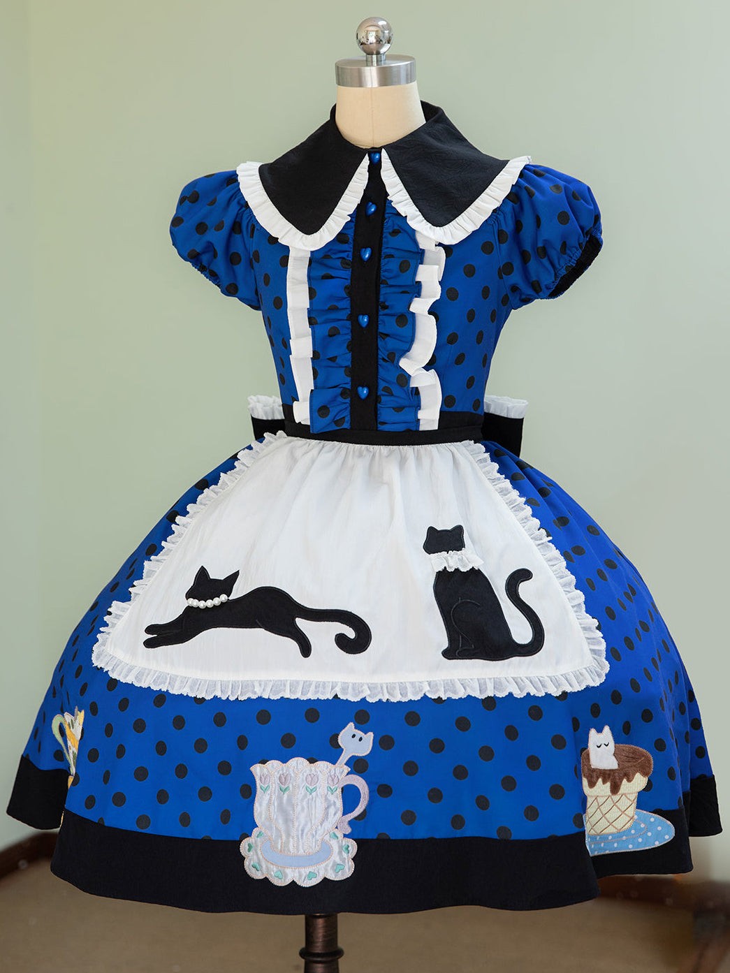 Tea Cup Meow Blue Black Cat Ear Alice Apron Sweet Lolita OP Dress - LolitaEra