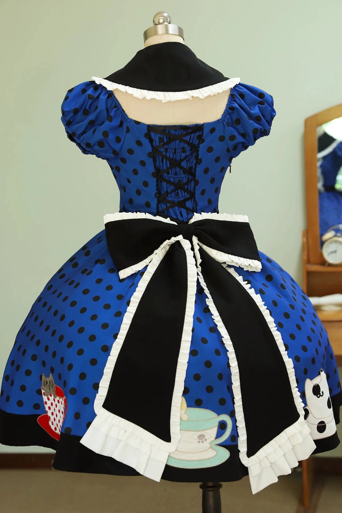 Tea Cup Meow Blue Black Cat Ear Alice Apron Sweet Lolita OP Dress - LolitaEra
