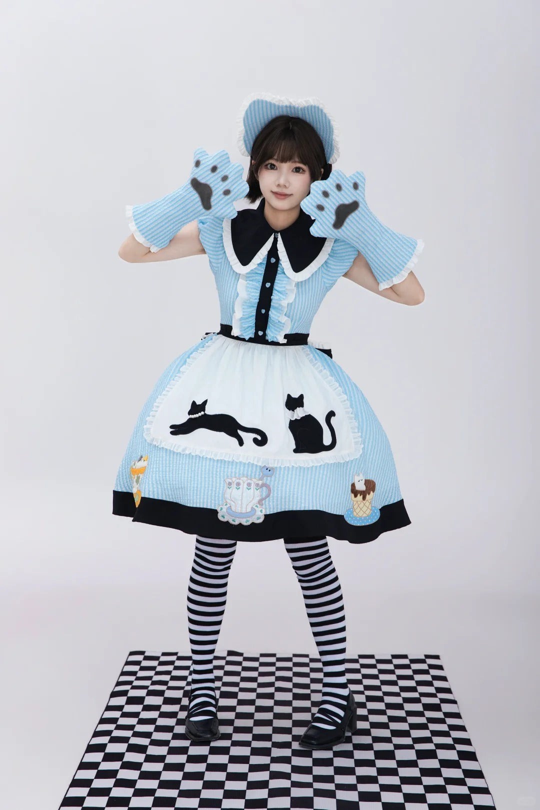 Tea Cup Meow Blue Black Cat Ear Alice Apron Sweet Lolita OP Dress - LolitaEra