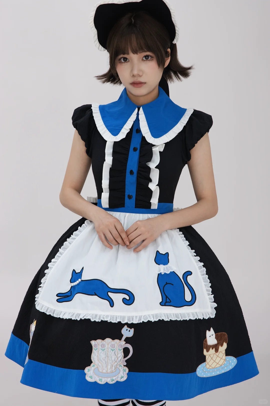 Tea Cup Meow Blue Black Cat Ear Alice Apron Sweet Lolita OP Dress - LolitaEra