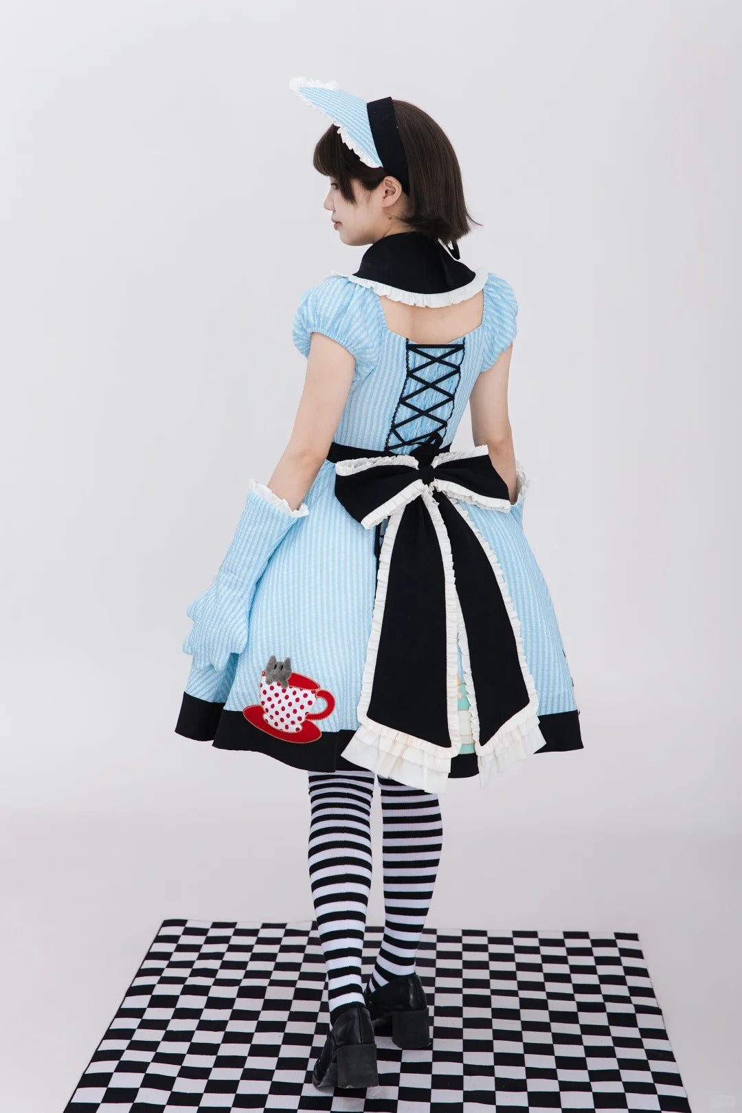 Tea Cup Meow Blue Black Cat Ear Alice Apron Sweet Lolita OP Dress - LolitaEra
