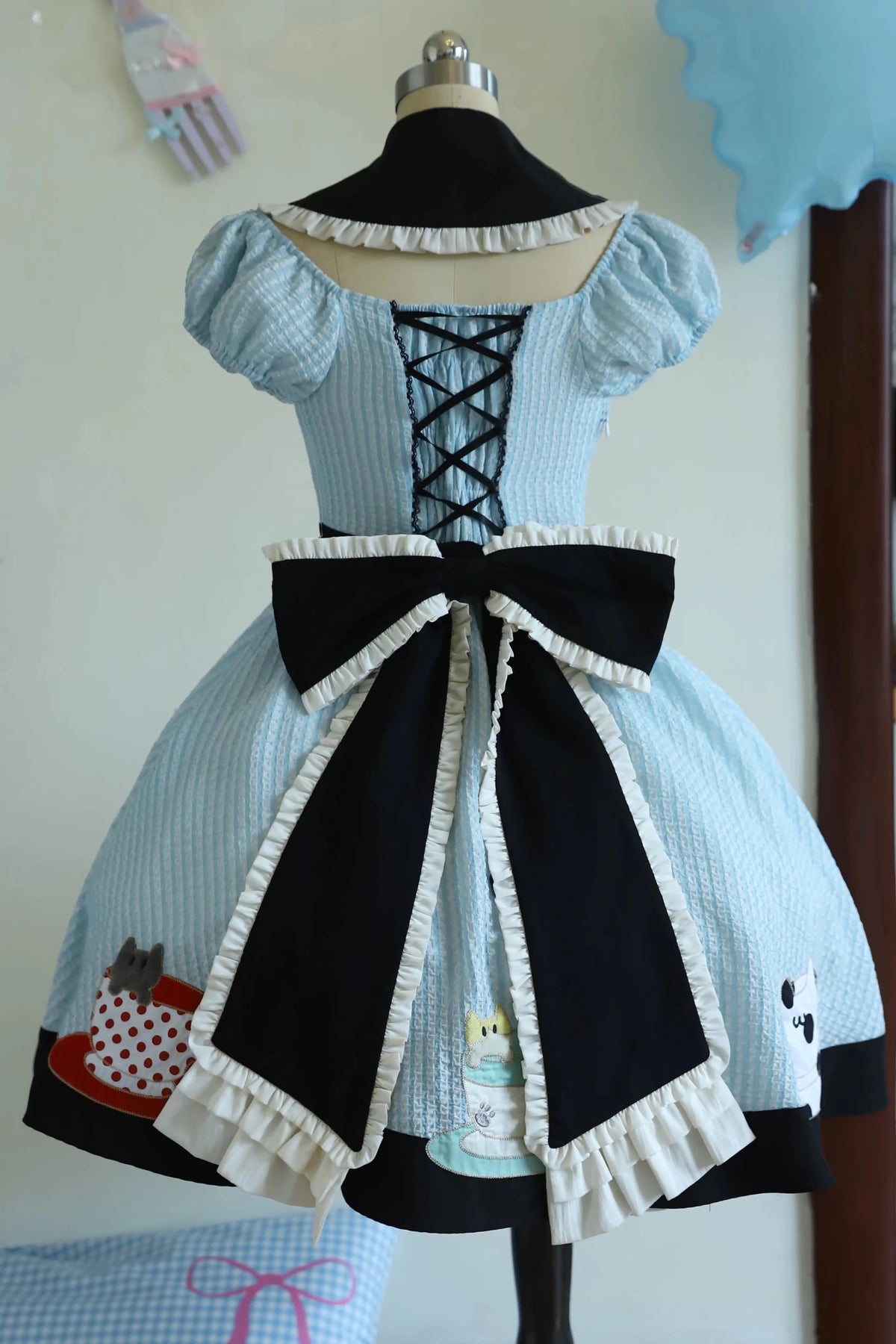Tea Cup Meow Blue Black Cat Ear Alice Apron Sweet Lolita OP Dress - LolitaEra