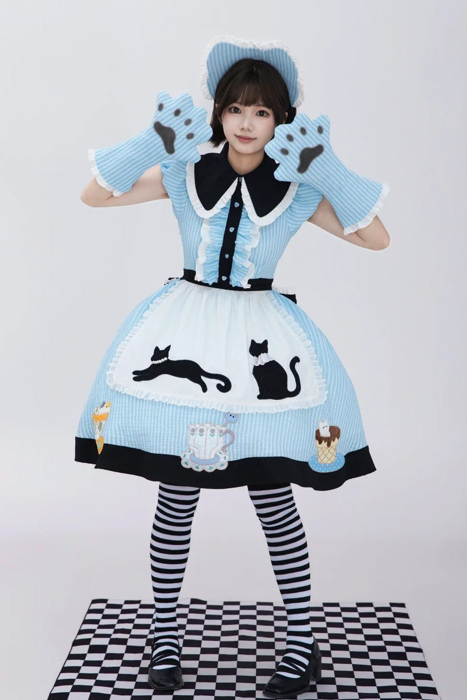 Tea Cup Meow Blue Black Cat Ear Alice Apron Sweet Lolita OP Dress - LolitaEra
