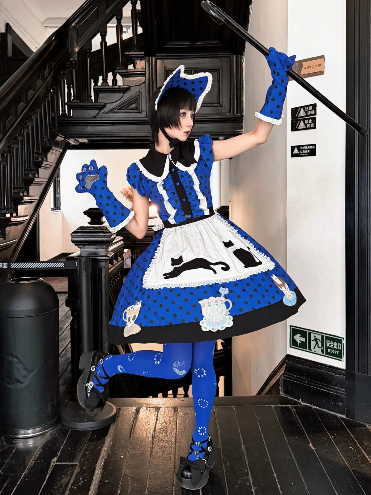 Tea Cup Meow Blue Black Cat Ear Alice Apron Sweet Lolita OP Dress - LolitaEra