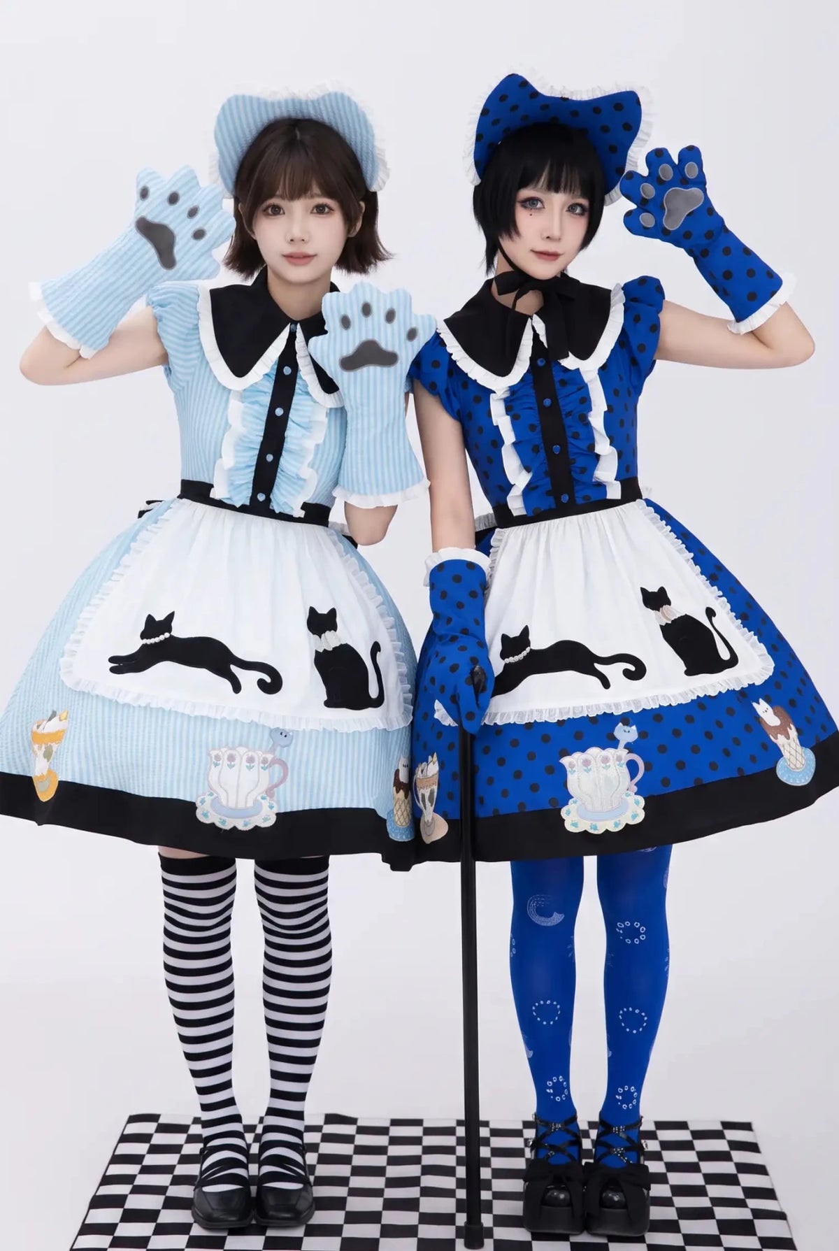 Tea Cup Meow Blue Black Cat Ear Alice Apron Sweet Lolita OP Dress - LolitaEra