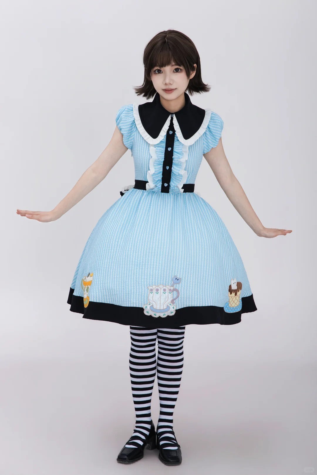 Tea Cup Meow Blue Black Cat Ear Alice Apron Sweet Lolita OP Dress - LolitaEra