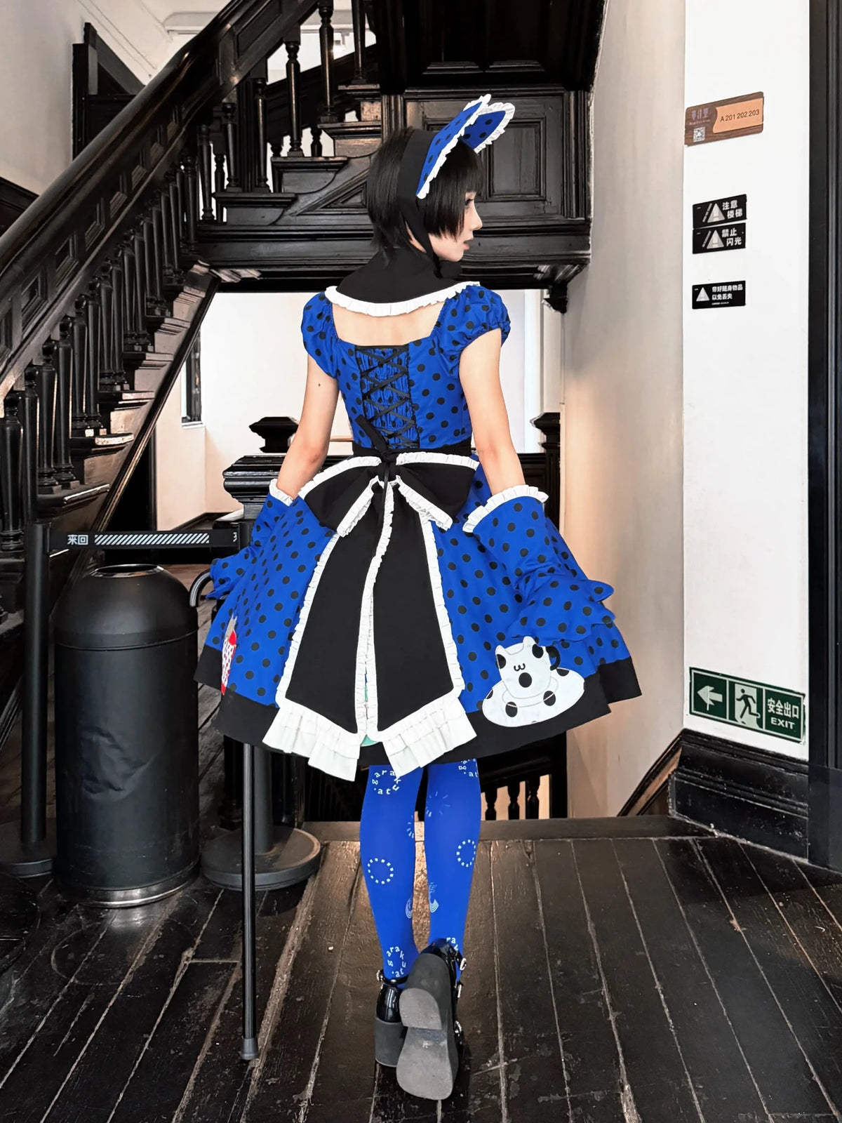 Tea Cup Meow Blue Black Cat Ear Alice Apron Sweet Lolita OP Dress - LolitaEra