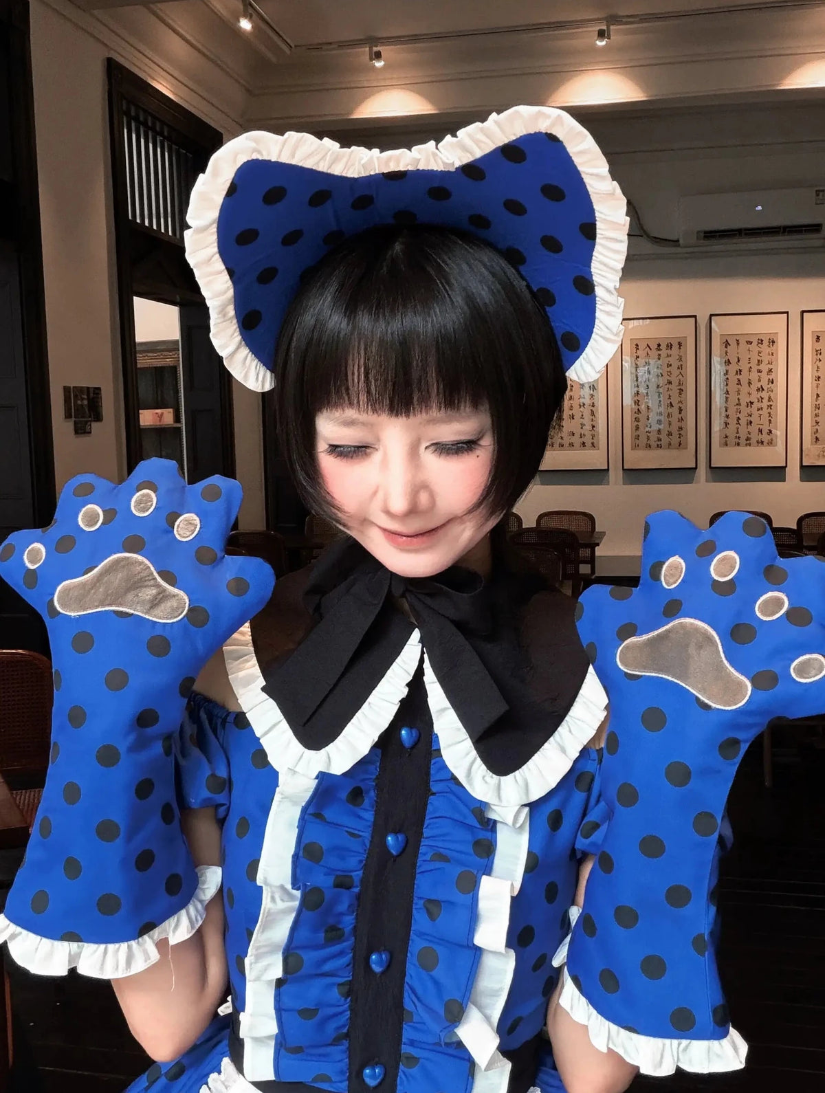 Tea Cup Meow Blue Black Cat Ear Alice Apron Sweet Lolita OP Dress - LolitaEra