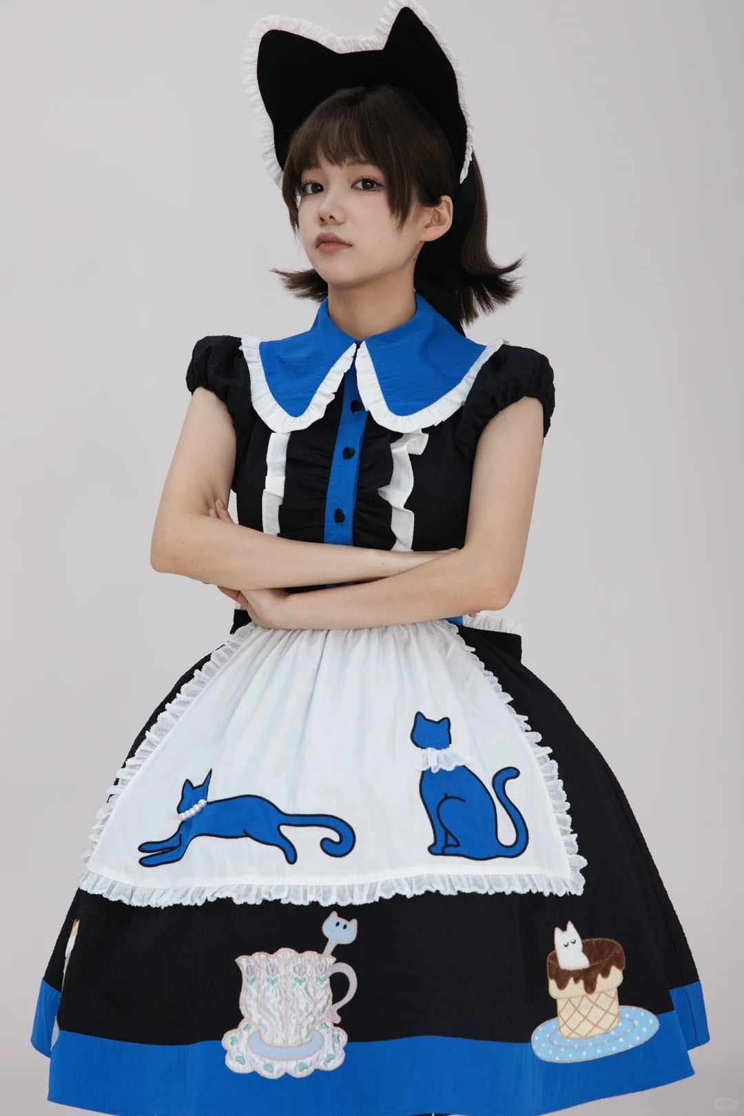 Tea Cup Meow Blue Black Cat Ear Alice Apron Sweet Lolita OP Dress - LolitaEra