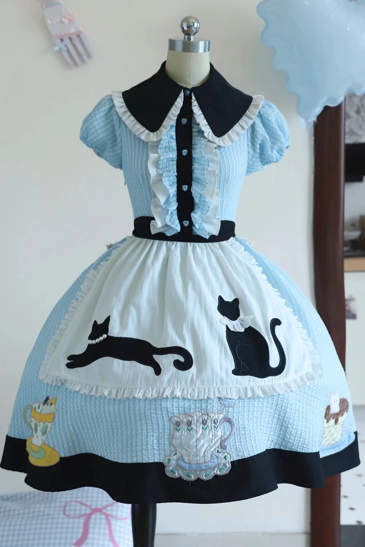 Tea Cup Meow Blue Black Cat Ear Alice Apron Sweet Lolita OP Dress - LolitaEra