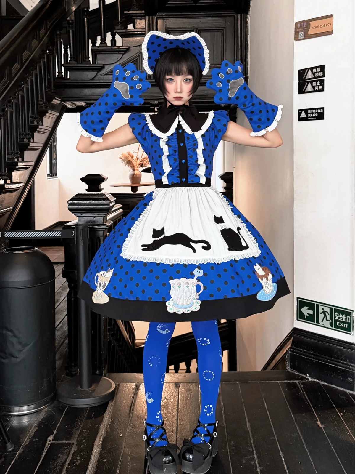 Tea Cup Meow Blue Black Cat Ear Alice Apron Sweet Lolita OP Dress - LolitaEra