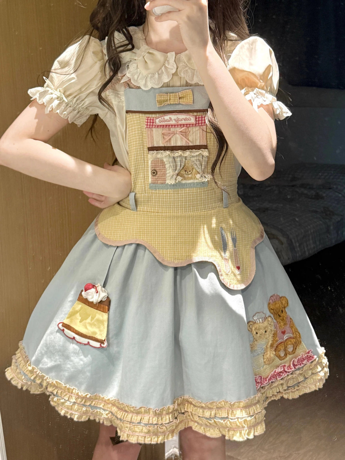 Teddy Bear Bakery Embroidered Cake Applique Sweet Lolita Suspender Skirt Set - LolitaEra