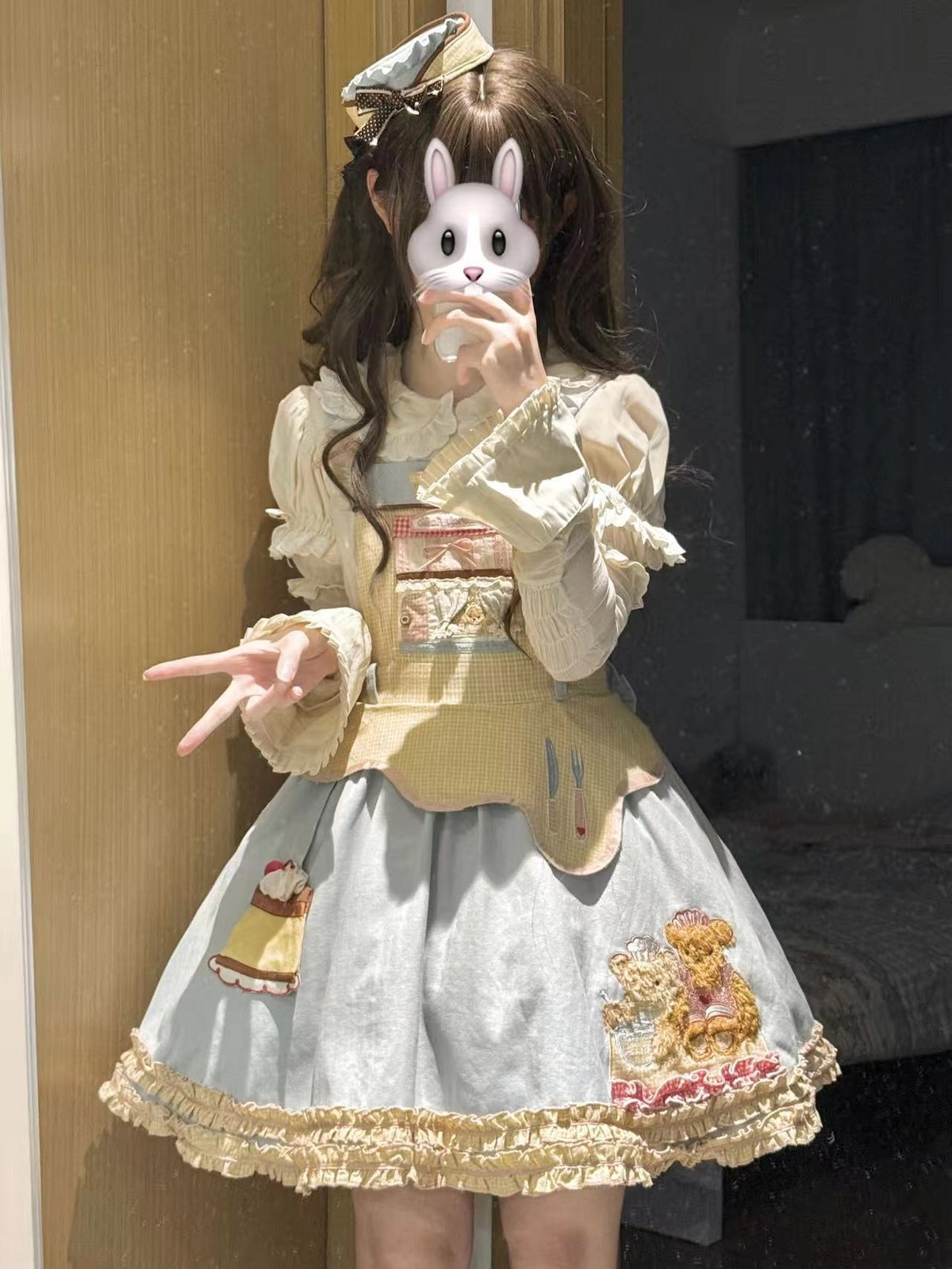 Teddy Bear Bakery Embroidered Cake Applique Sweet Lolita Suspender Skirt Set - LolitaEra