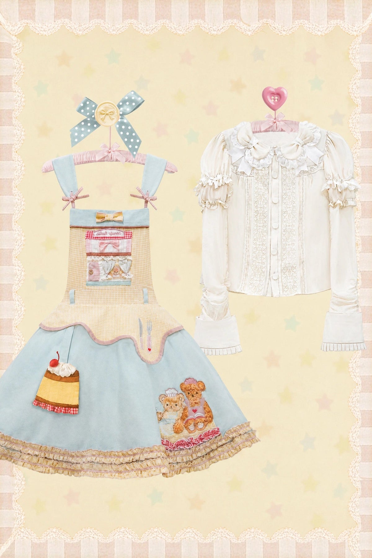 Teddy Bear Bakery Embroidered Cake Applique Sweet Lolita Suspender Skirt Set - LolitaEra