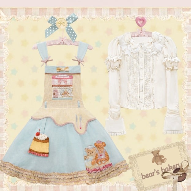 Teddy Bear Bakery Embroidered Cake Applique Sweet Lolita Suspender Skirt Set - LolitaEra