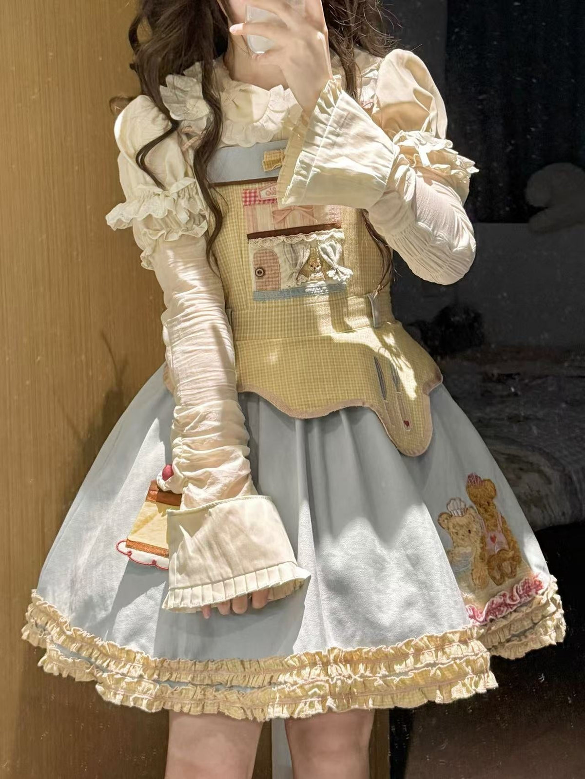 Teddy Bear Bakery Embroidered Cake Applique Sweet Lolita Suspender Skirt Set - LolitaEra