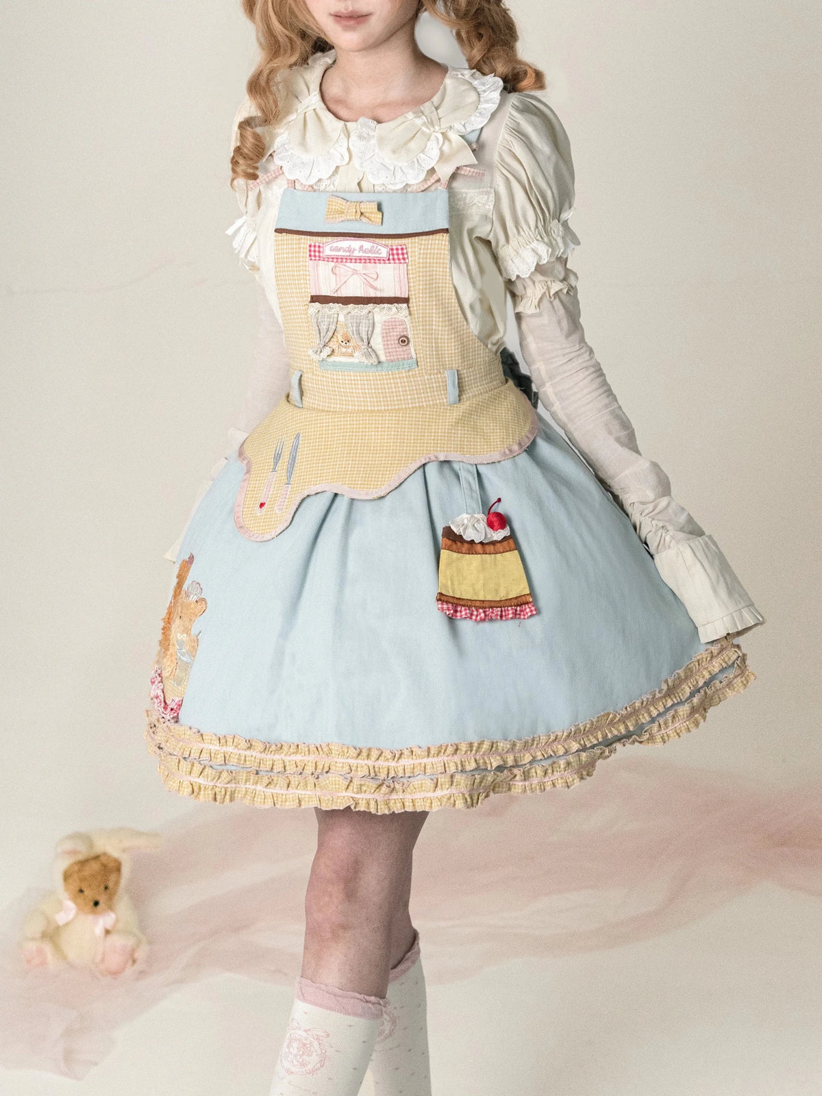 Teddy Bear Bakery Embroidered Cake Applique Sweet Lolita Suspender Skirt Set - LolitaEra