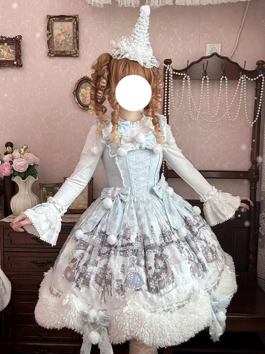 The Time Of Snowdrops Snowflake Print Velour Lolita JSK Dress - LolitaEra
