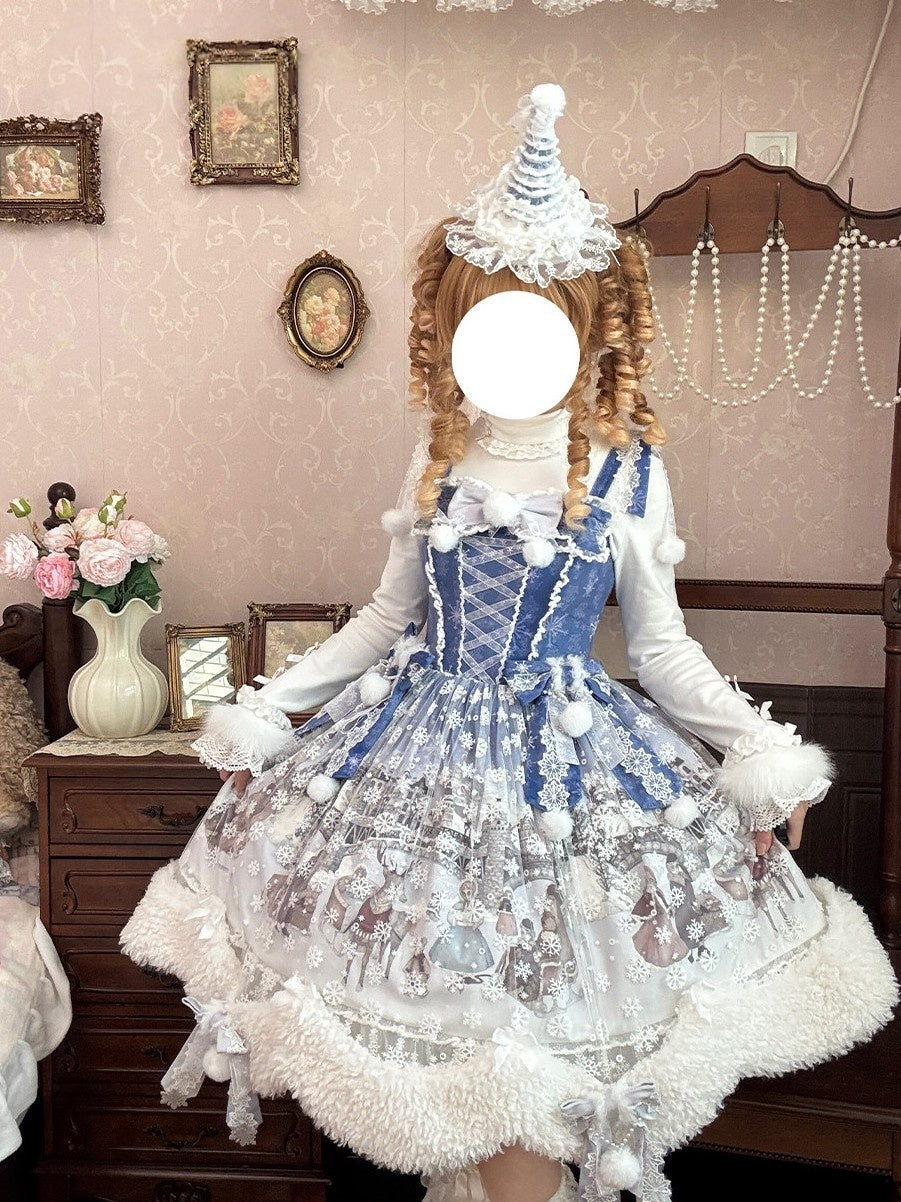 The Time Of Snowdrops Snowflake Print Velour Lolita JSK Dress - LolitaEra