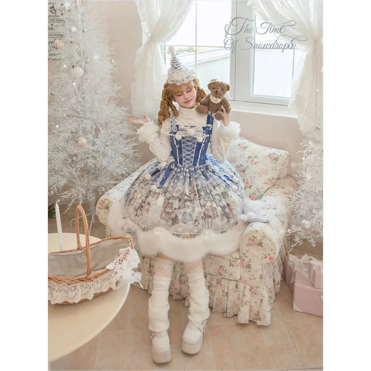 The Time Of Snowdrops Snowflake Print Velour Lolita JSK Dress - LolitaEra