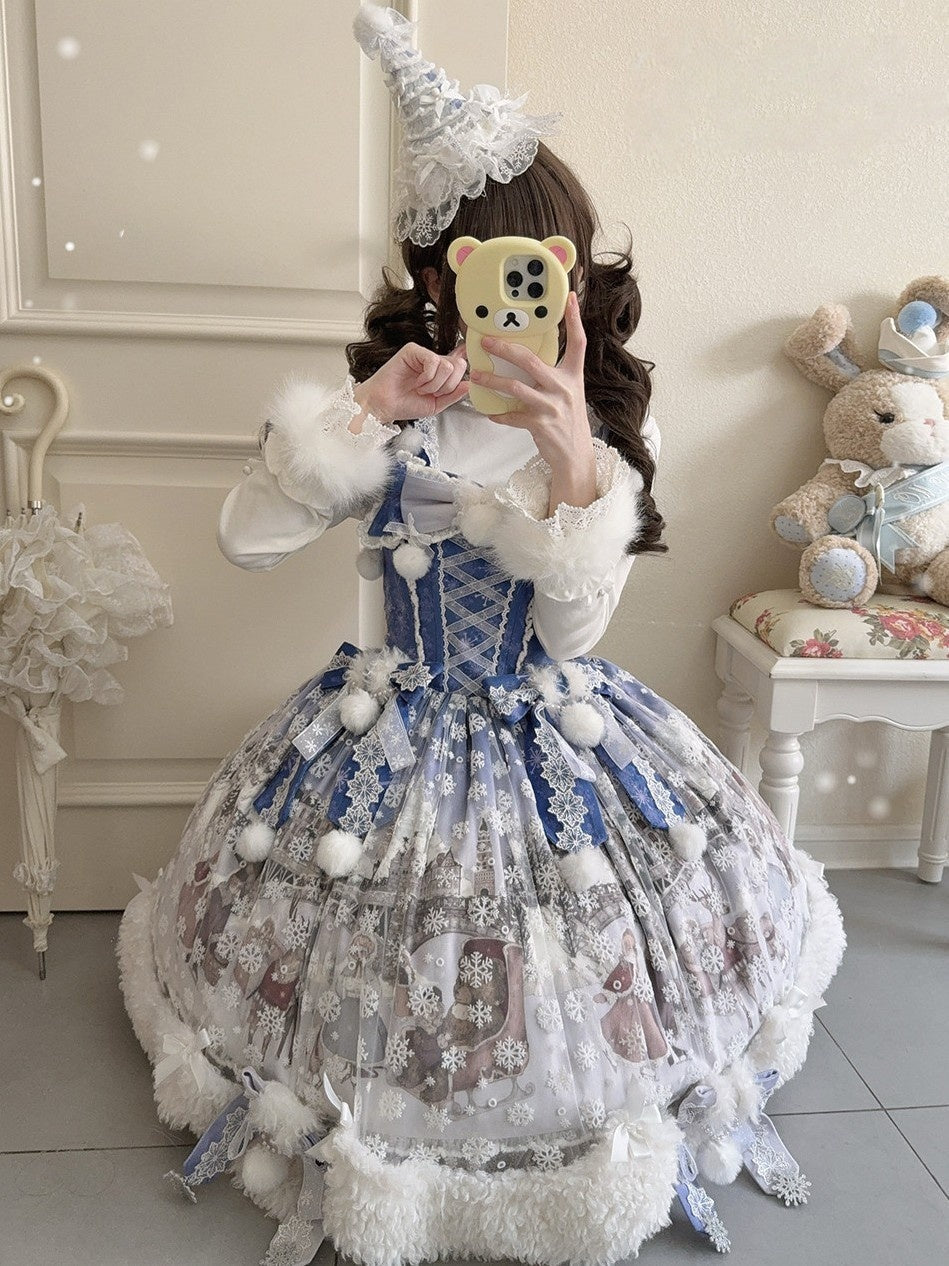The Time Of Snowdrops Snowflake Print Velour Lolita JSK Dress - LolitaEra