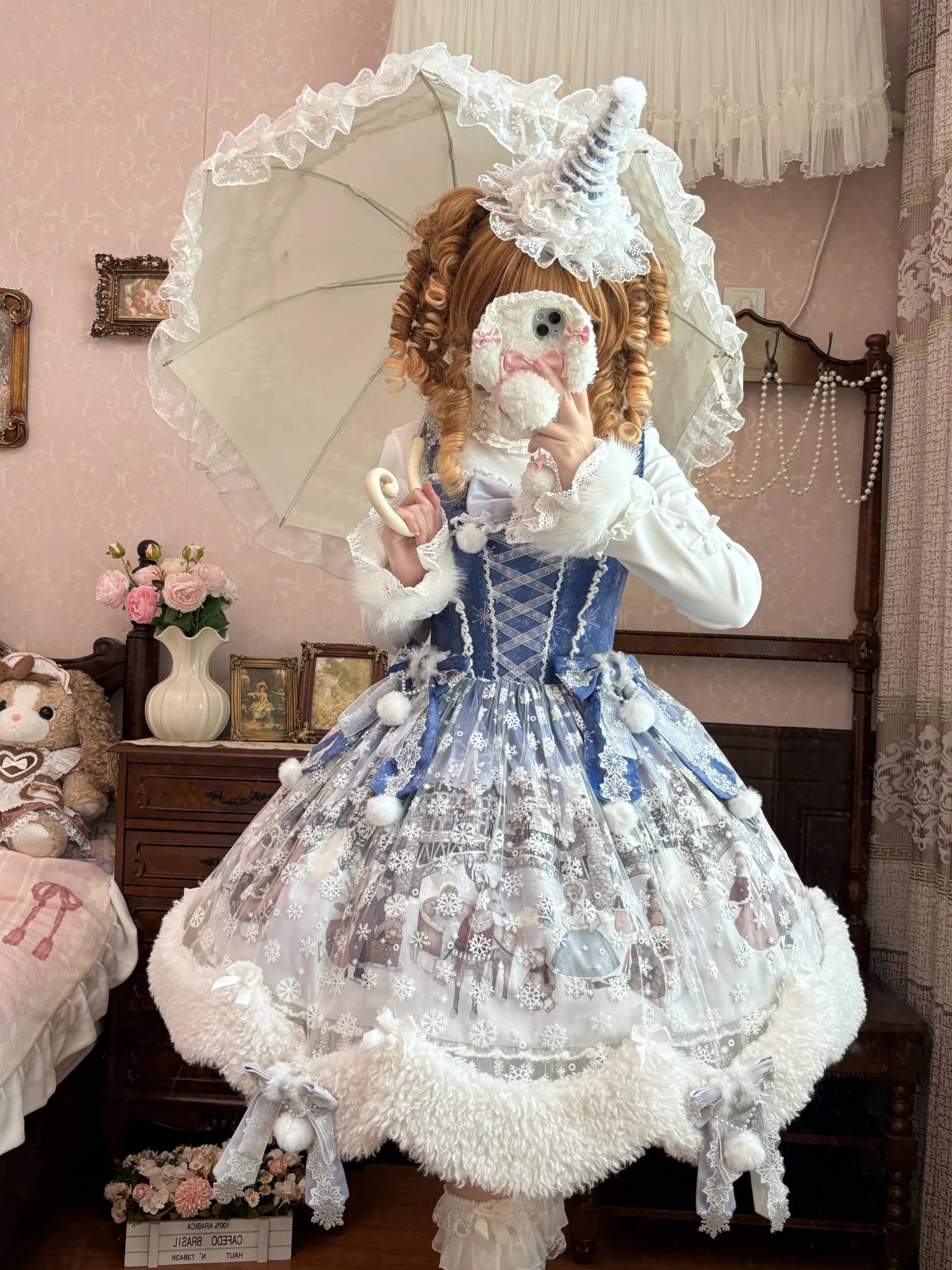 The Time Of Snowdrops Snowflake Print Velour Lolita JSK Dress - LolitaEra