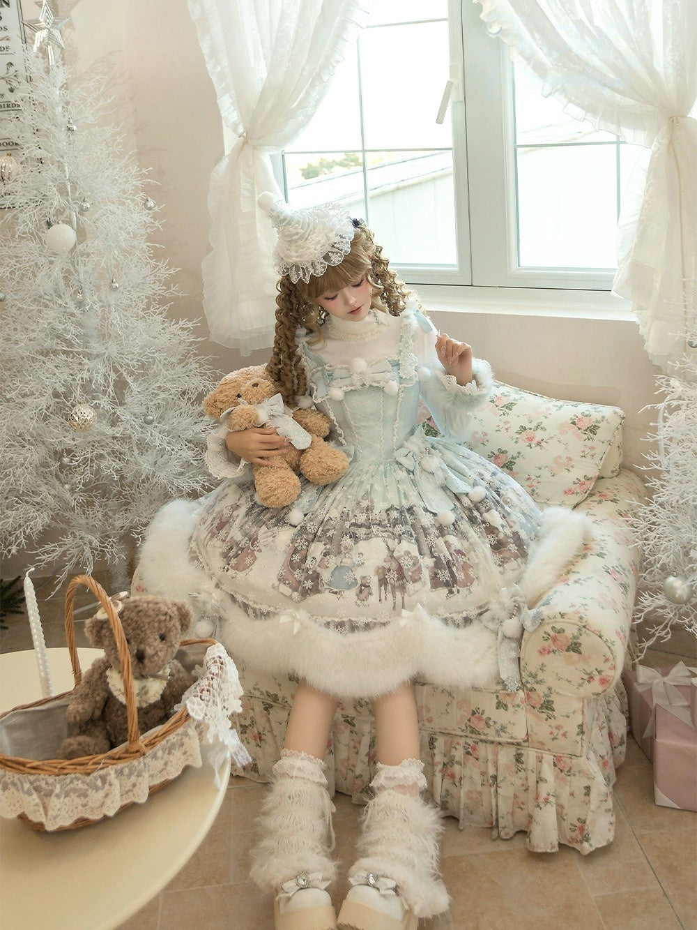 The Time Of Snowdrops Snowflake Print Velour Lolita JSK Dress - LolitaEra