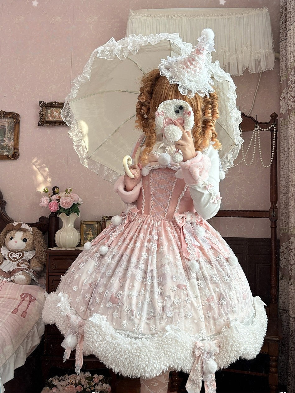 The Time Of Snowdrops Snowflake Print Velour Lolita JSK Dress - LolitaEra