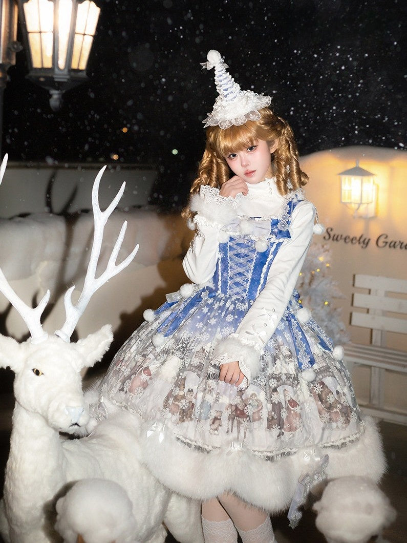 The Time Of Snowdrops Snowflake Print Velour Lolita JSK Dress - LolitaEra