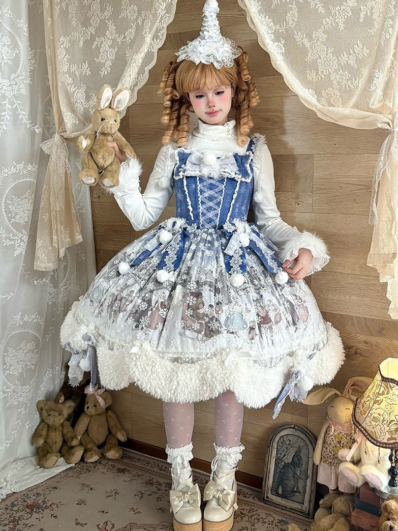 The Time Of Snowdrops Snowflake Print Velour Lolita JSK Dress - LolitaEra