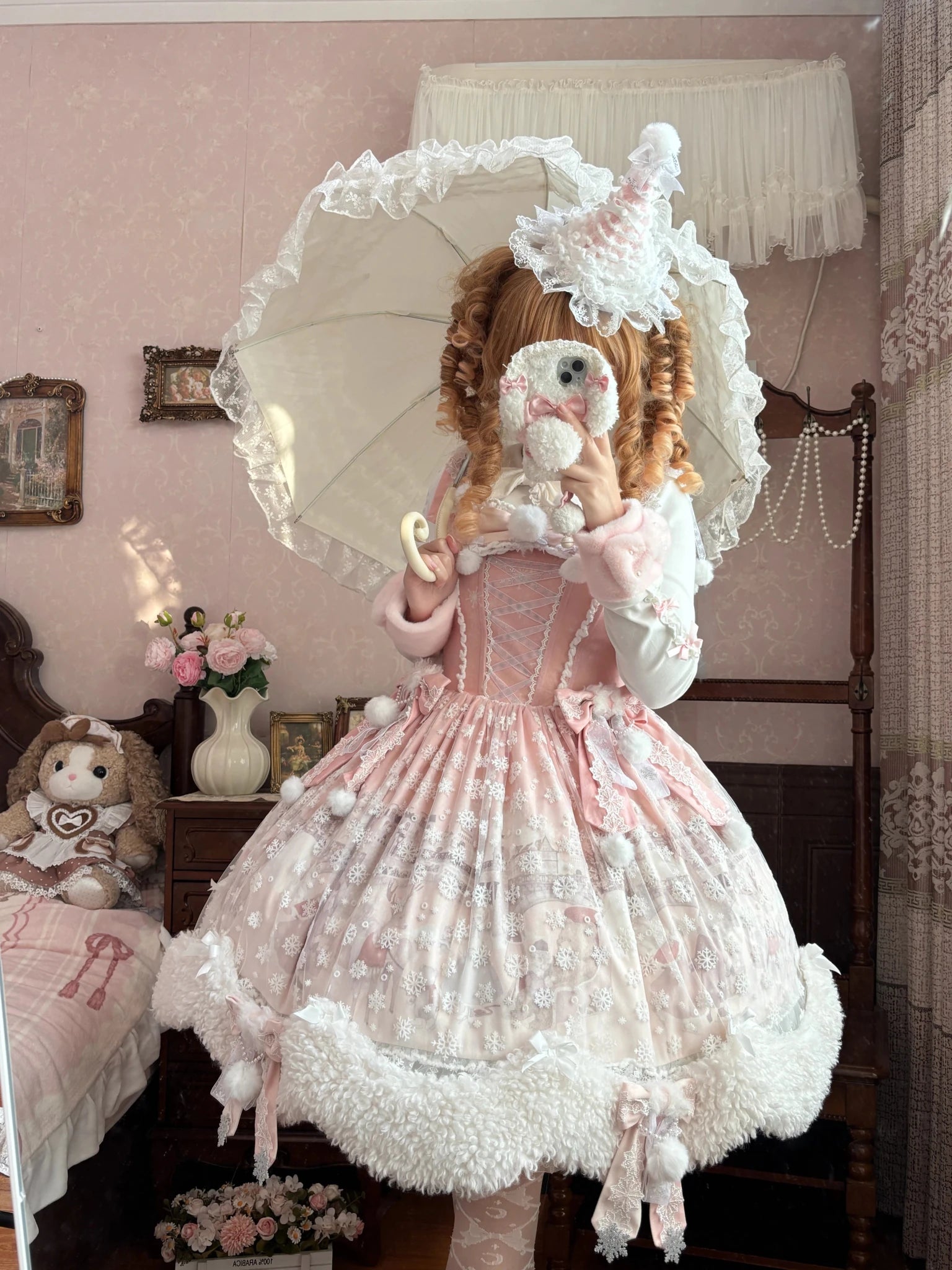 The Time Of Snowdrops Snowflake Print Velour Lolita JSK Dress - LolitaEra