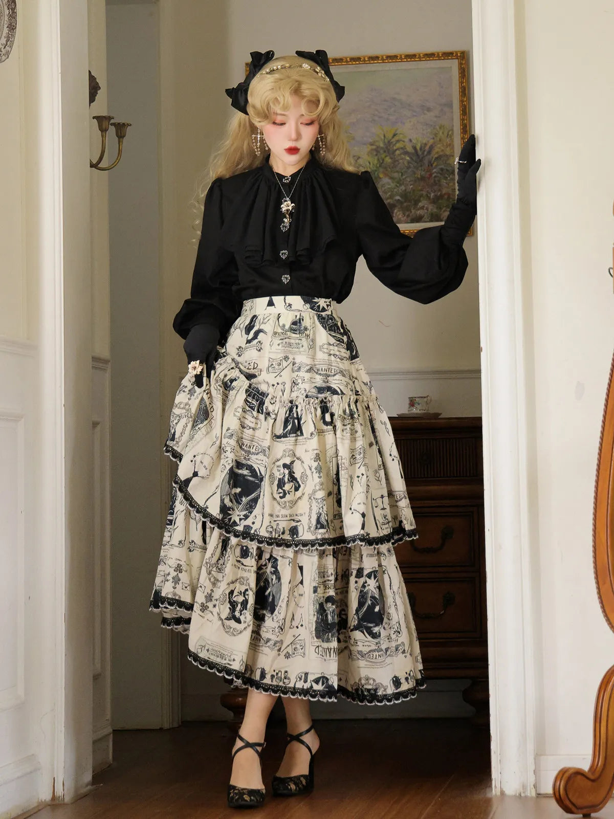 Skirt Multi-layered Cake Skirt Long Skirt Original Print Autumn/Winter Commuter Witch's Bounty Miss W's Bookshelf