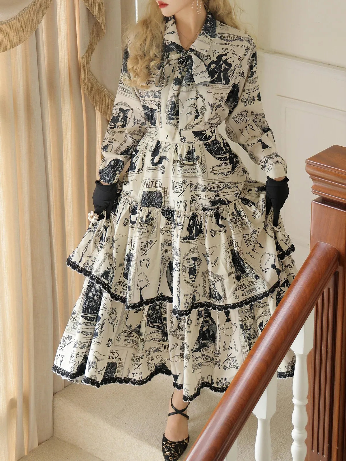 Skirt Multi-layered Cake Skirt Long Skirt Original Print Autumn/Winter Commuter Witch's Bounty Miss W's Bookshelf