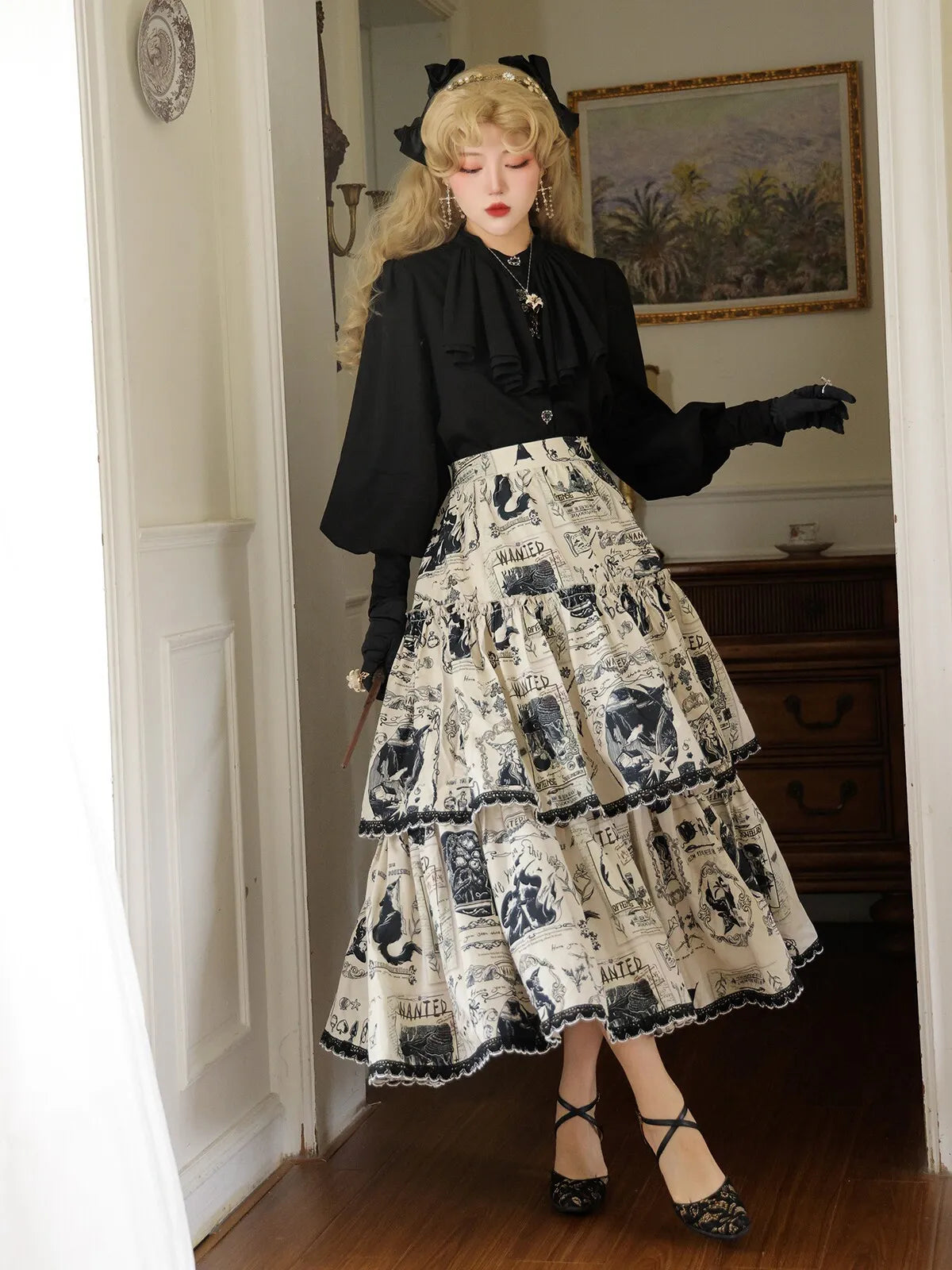 Skirt Multi-layered Cake Skirt Long Skirt Original Print Autumn/Winter Commuter Witch's Bounty Miss W's Bookshelf