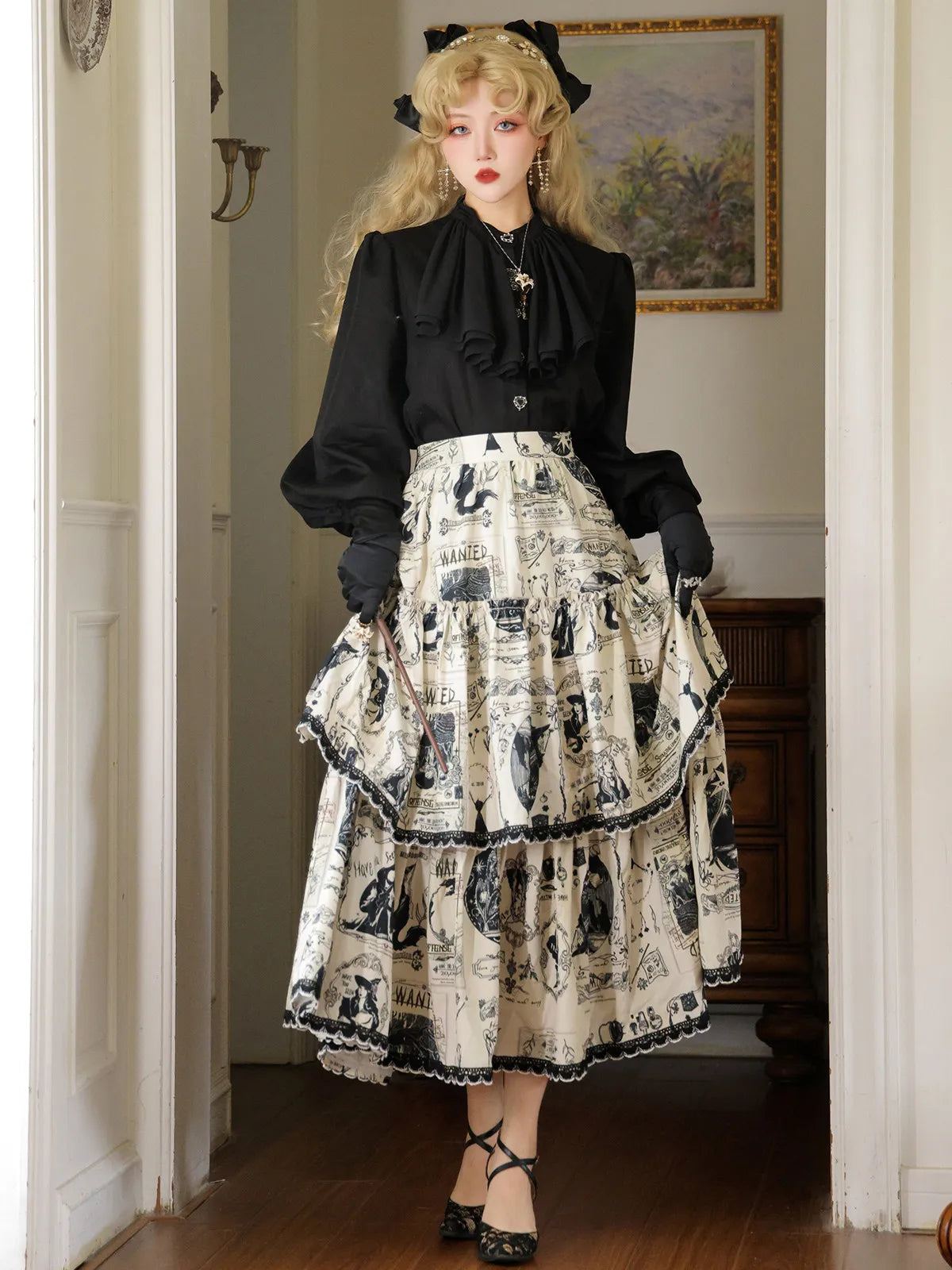 Skirt Multi-layered Cake Skirt Long Skirt Original Print Autumn/Winter Commuter Witch's Bounty Miss W's Bookshelf