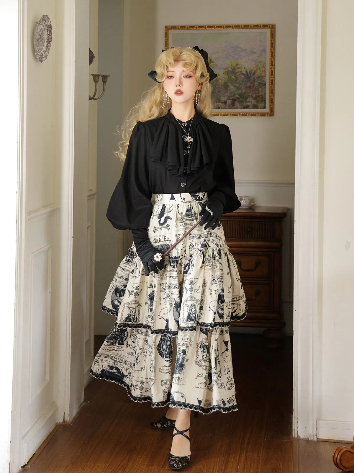 Skirt Multi-layered Cake Skirt Long Skirt Original Print Autumn/Winter Commuter Witch's Bounty Miss W's Bookshelf